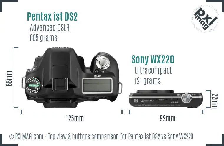 Pentax ist DS2 vs Sony WX220 top view buttons comparison