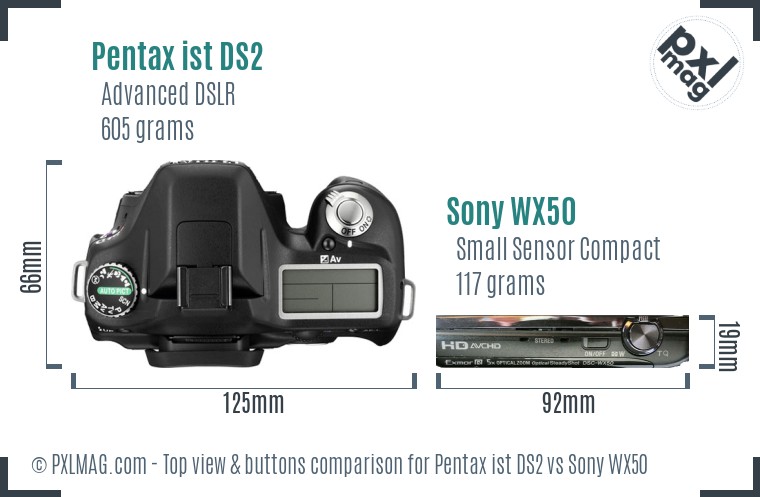 Pentax ist DS2 vs Sony WX50 top view buttons comparison
