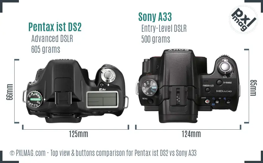 Pentax ist DS2 vs Sony A33 top view buttons comparison Pentax ist DS2 vs Sony A33 top view buttons comparison