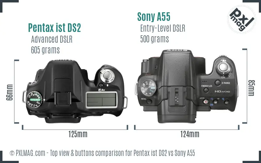 Pentax ist DS2 vs Sony A55 top view buttons comparison
