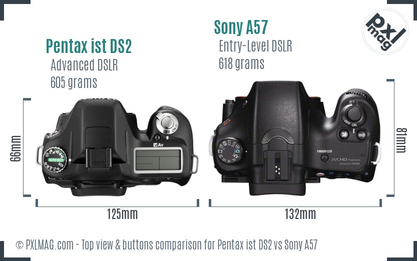 Pentax ist DS2 vs Sony A57 top view buttons comparison