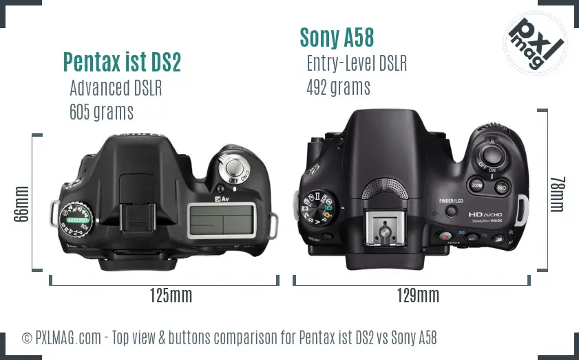 Pentax ist DS2 vs Sony A58 top view buttons comparison