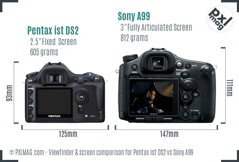 Pentax ist DS2 vs Sony A99 Screen and Viewfinder comparison
