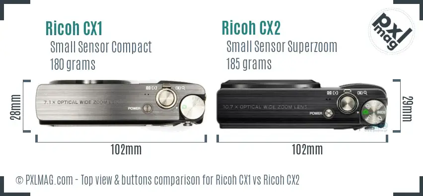 Ricoh CX1 vs Ricoh CX2 top view buttons comparison