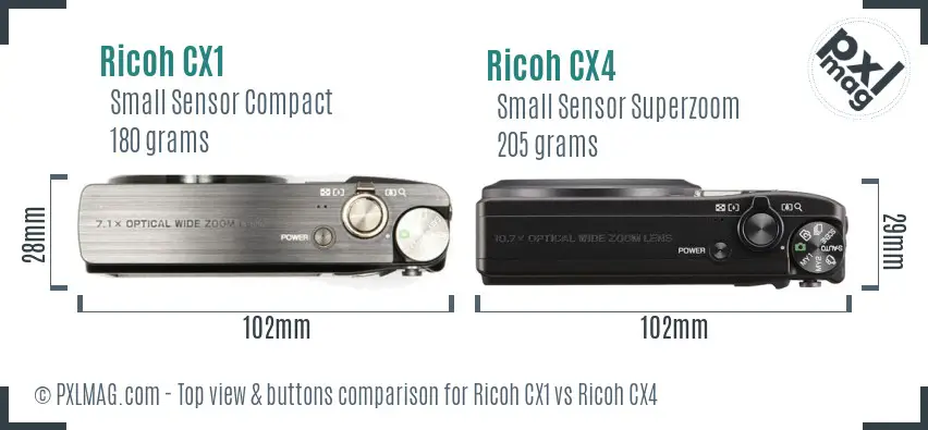 Ricoh CX1 vs Ricoh CX4 top view buttons comparison