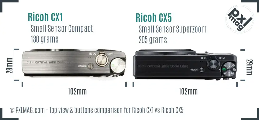 Ricoh CX1 vs Ricoh CX5 top view buttons comparison