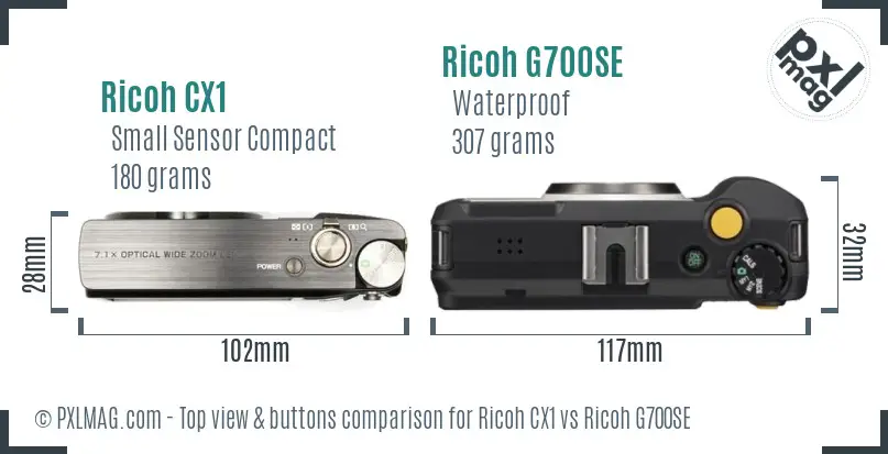 Ricoh CX1 vs Ricoh G700SE top view buttons comparison