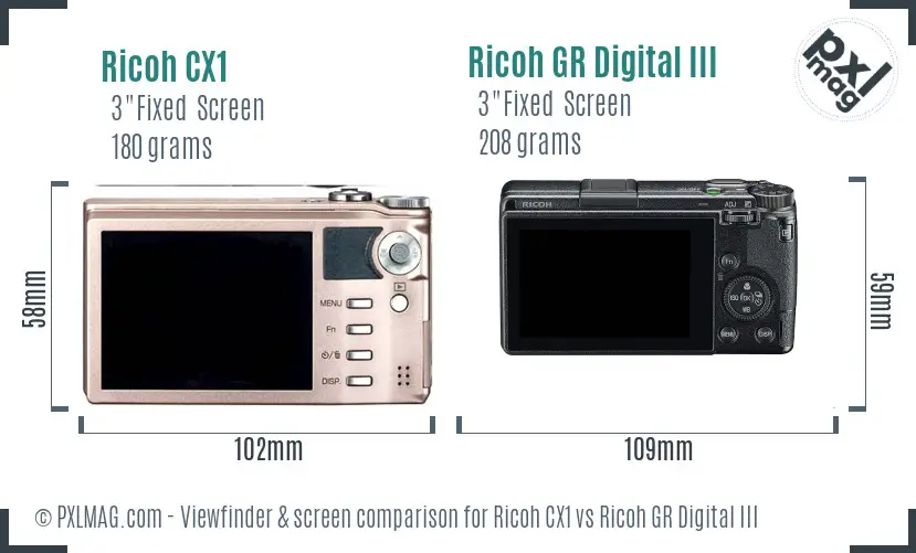 Ricoh CX1 vs Ricoh GR Digital III Screen and Viewfinder comparison