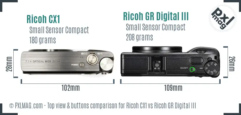 Ricoh CX1 vs Ricoh GR Digital III top view buttons comparison
