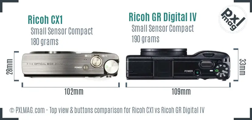 Ricoh CX1 vs Ricoh GR Digital IV top view buttons comparison