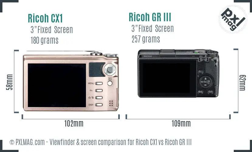Ricoh CX1 vs Ricoh GR III Screen and Viewfinder comparison