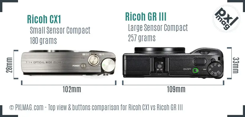 Ricoh CX1 vs Ricoh GR III top view buttons comparison