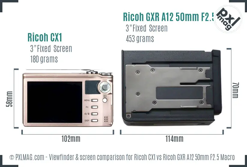 Ricoh CX1 vs Ricoh GXR A12 50mm F2.5 Macro Screen and Viewfinder comparison