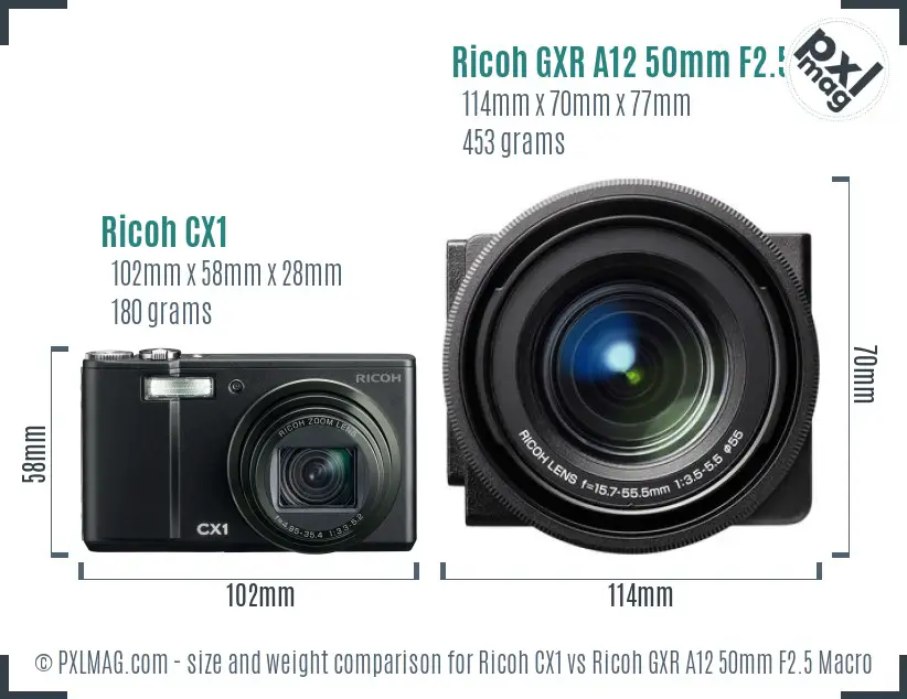 Ricoh CX1 vs Ricoh GXR A12 50mm F2.5 Macro size comparison