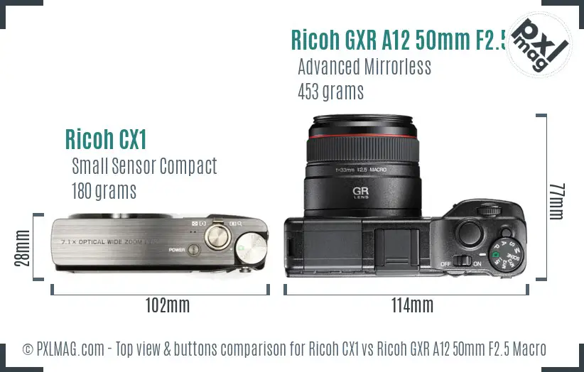 Ricoh CX1 vs Ricoh GXR A12 50mm F2.5 Macro top view buttons comparison