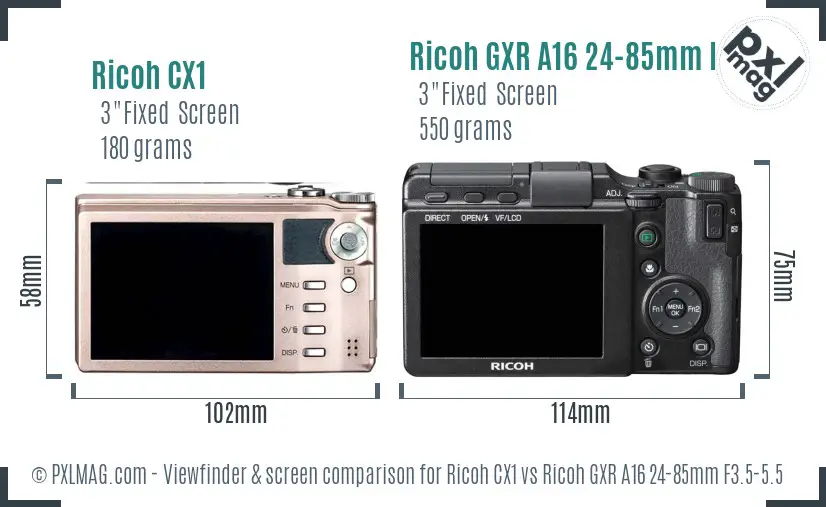 Ricoh CX1 vs Ricoh GXR A16 24-85mm F3.5-5.5 Screen and Viewfinder comparison