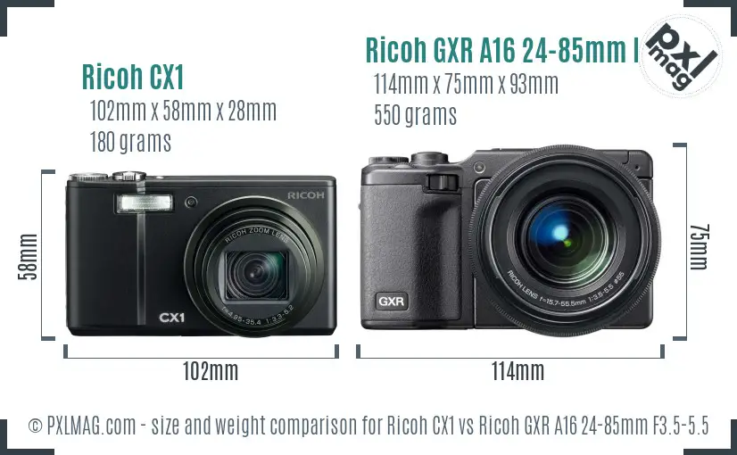 Ricoh CX1 vs Ricoh GXR A16 24-85mm F3.5-5.5 size comparison