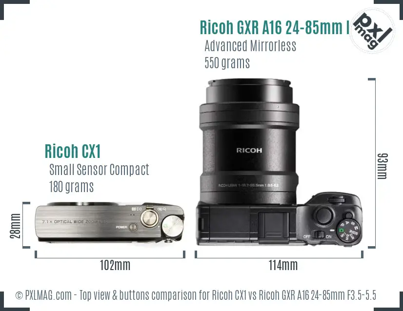 Ricoh CX1 vs Ricoh GXR A16 24-85mm F3.5-5.5 top view buttons comparison
