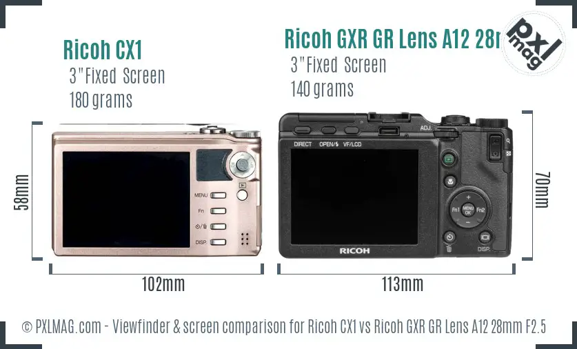 Ricoh CX1 vs Ricoh GXR GR Lens A12 28mm F2.5 Screen and Viewfinder comparison