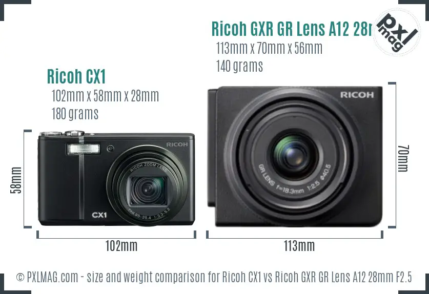 Ricoh CX1 vs Ricoh GXR GR Lens A12 28mm F2.5 size comparison