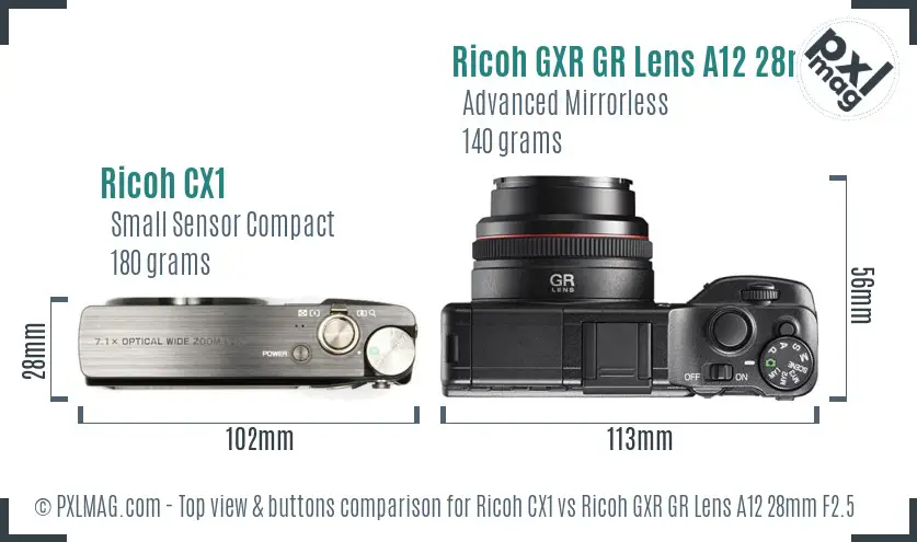 Ricoh CX1 vs Ricoh GXR GR Lens A12 28mm F2.5 top view buttons comparison