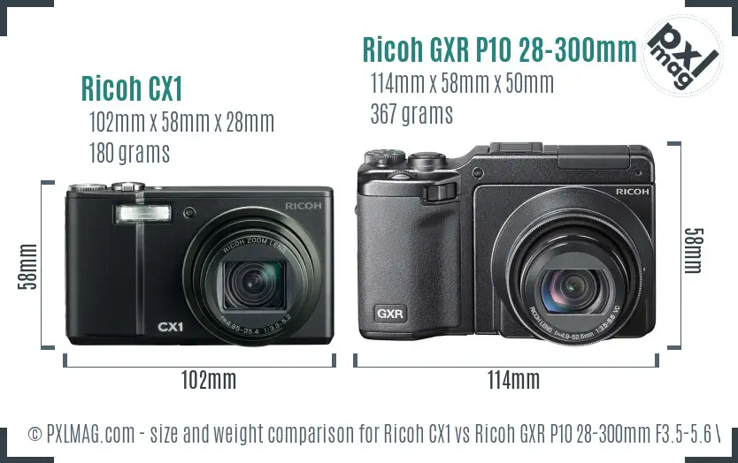 Ricoh CX1 vs Ricoh GXR P10 28-300mm F3.5-5.6 VC size comparison