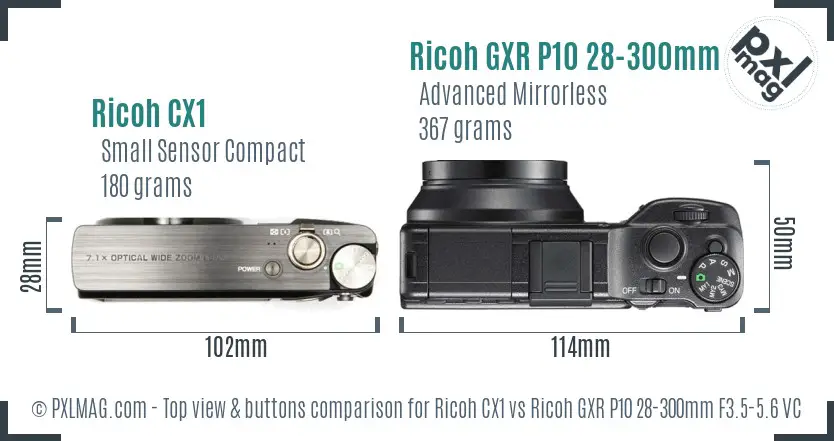 Ricoh CX1 vs Ricoh GXR P10 28-300mm F3.5-5.6 VC top view buttons comparison