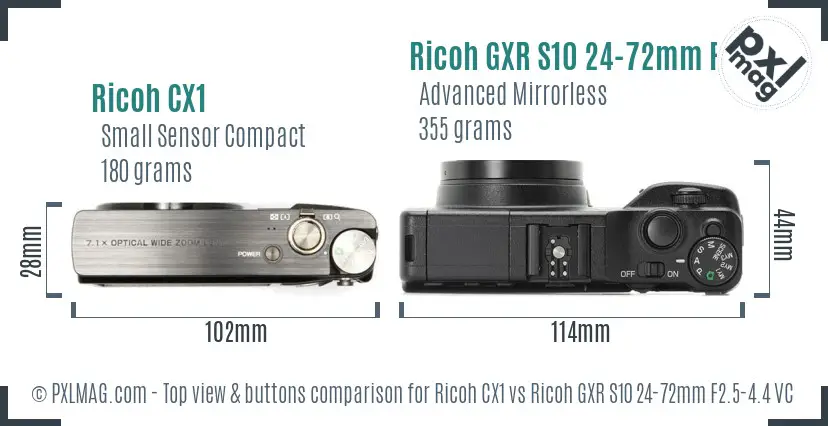 Ricoh CX1 vs Ricoh GXR S10 24-72mm F2.5-4.4 VC top view buttons comparison