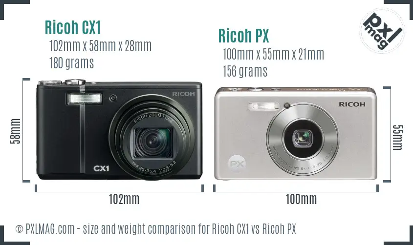 Ricoh CX1 vs Ricoh PX size comparison