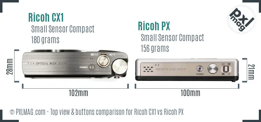 Ricoh CX1 vs Ricoh PX top view buttons comparison