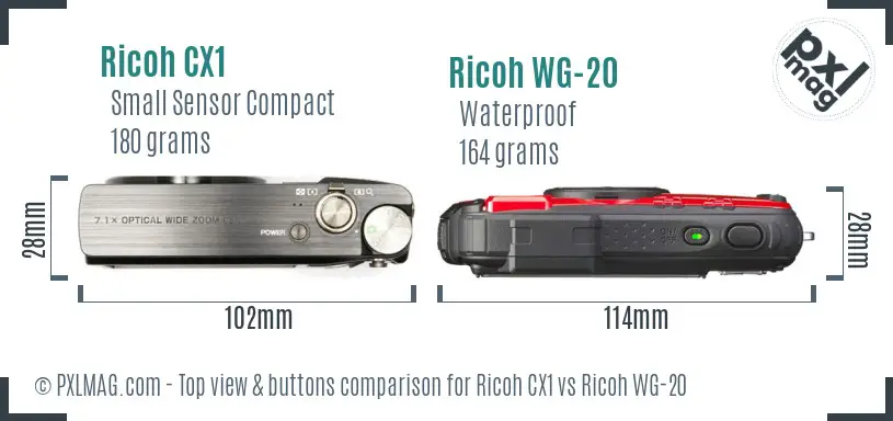 Ricoh CX1 vs Ricoh WG-20 top view buttons comparison
