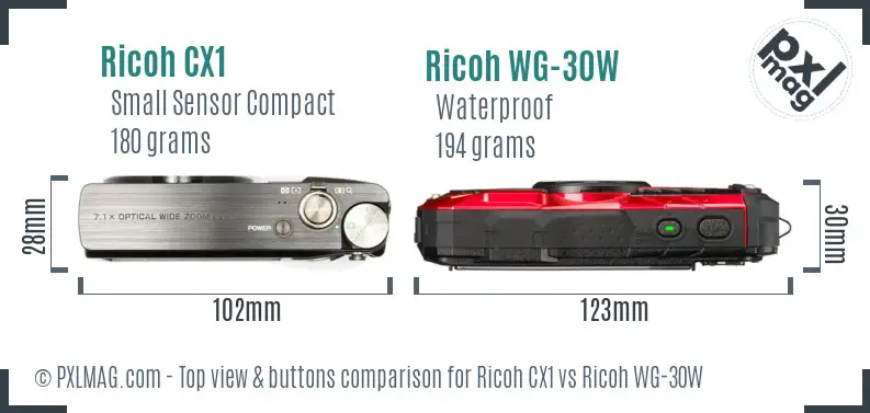 Ricoh CX1 vs Ricoh WG-30W top view buttons comparison