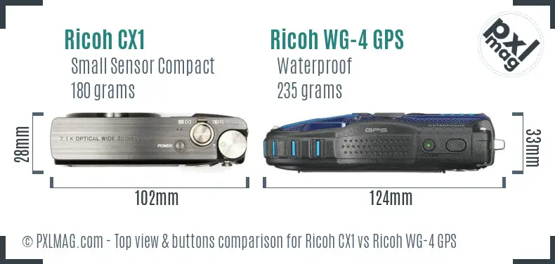 Ricoh CX1 vs Ricoh WG-4 GPS top view buttons comparison