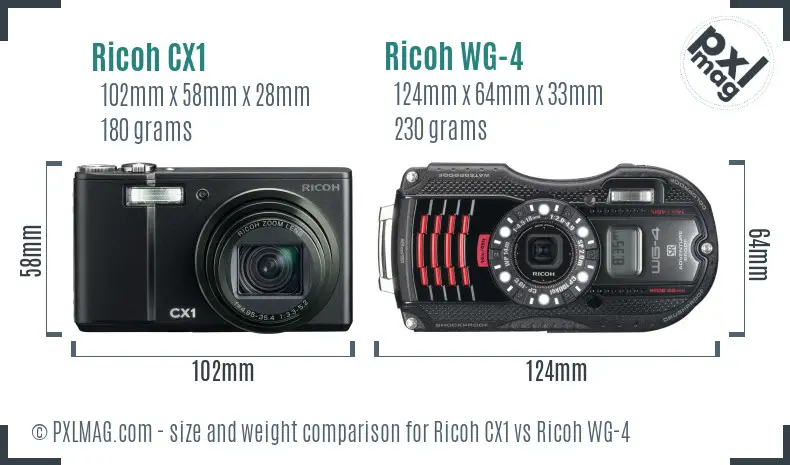 Ricoh CX1 vs Ricoh WG-4 size comparison