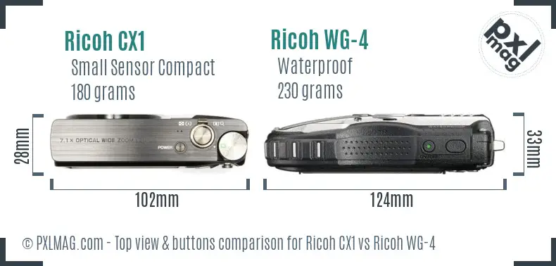 Ricoh CX1 vs Ricoh WG-4 top view buttons comparison