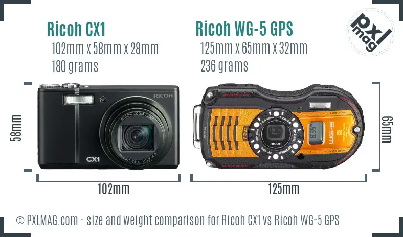 Ricoh CX1 vs Ricoh WG-5 GPS size comparison