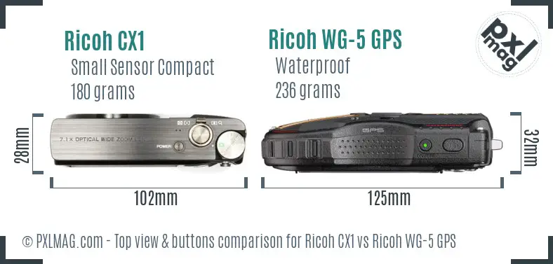 Ricoh CX1 vs Ricoh WG-5 GPS top view buttons comparison