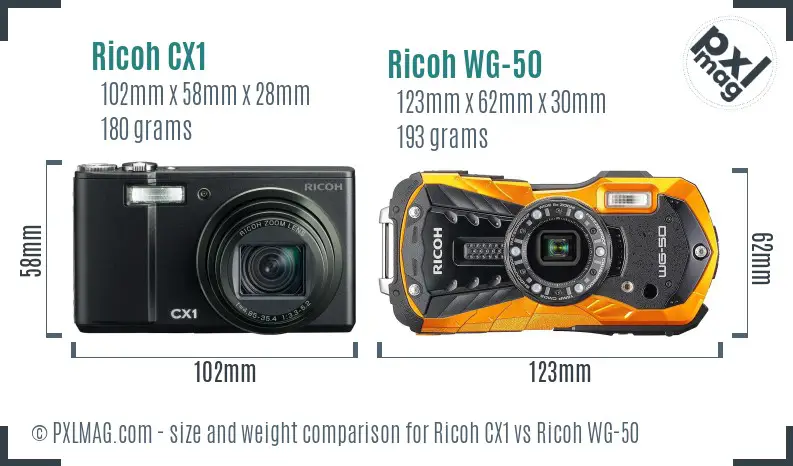 Ricoh CX1 vs Ricoh WG-50 size comparison
