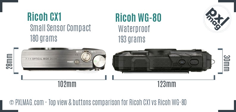 Ricoh CX1 vs Ricoh WG-80 top view buttons comparison