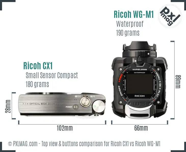 Ricoh CX1 vs Ricoh WG-M1 top view buttons comparison