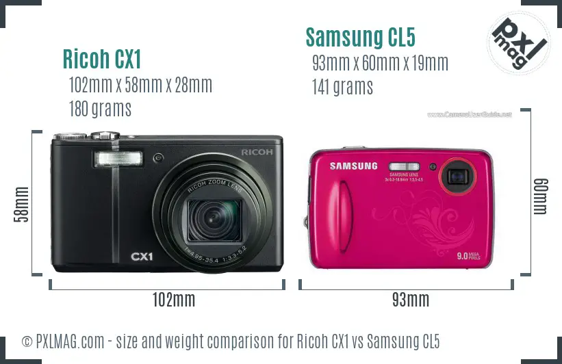 Ricoh CX1 vs Samsung CL5 size comparison