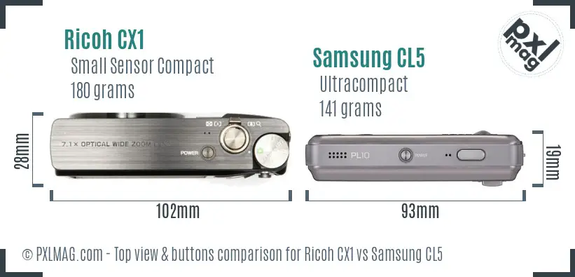Ricoh CX1 vs Samsung CL5 top view buttons comparison