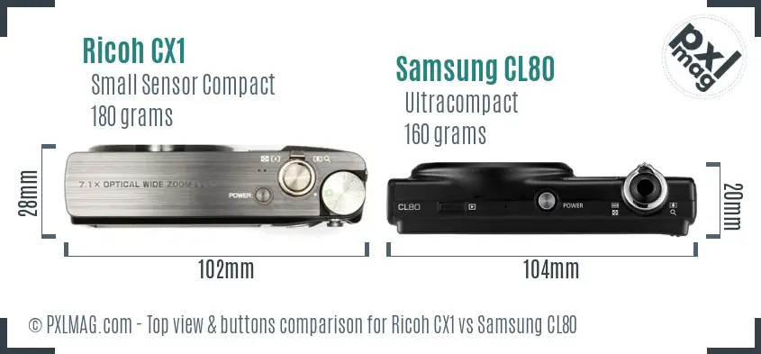 Ricoh CX1 vs Samsung CL80 top view buttons comparison