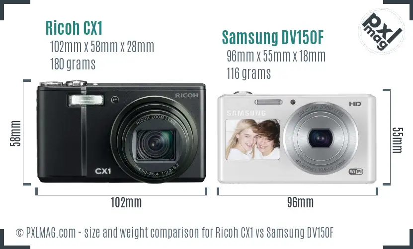 Ricoh CX1 vs Samsung DV150F size comparison