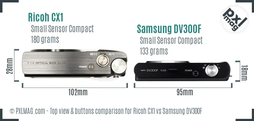 Ricoh CX1 vs Samsung DV300F top view buttons comparison