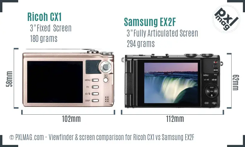 Ricoh CX1 vs Samsung EX2F Screen and Viewfinder comparison