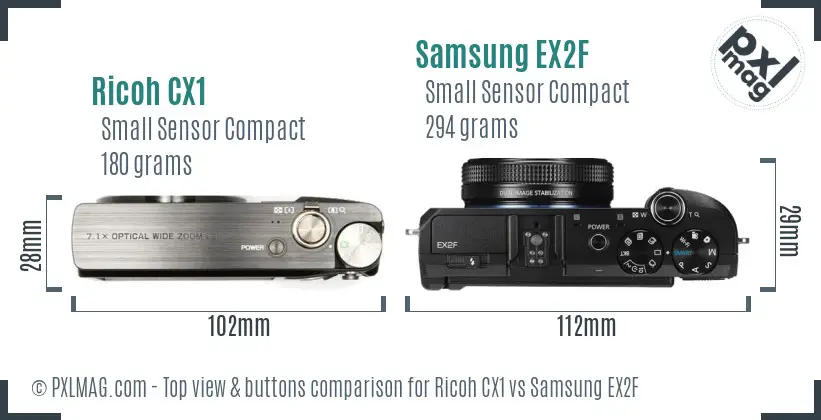 Ricoh CX1 vs Samsung EX2F top view buttons comparison