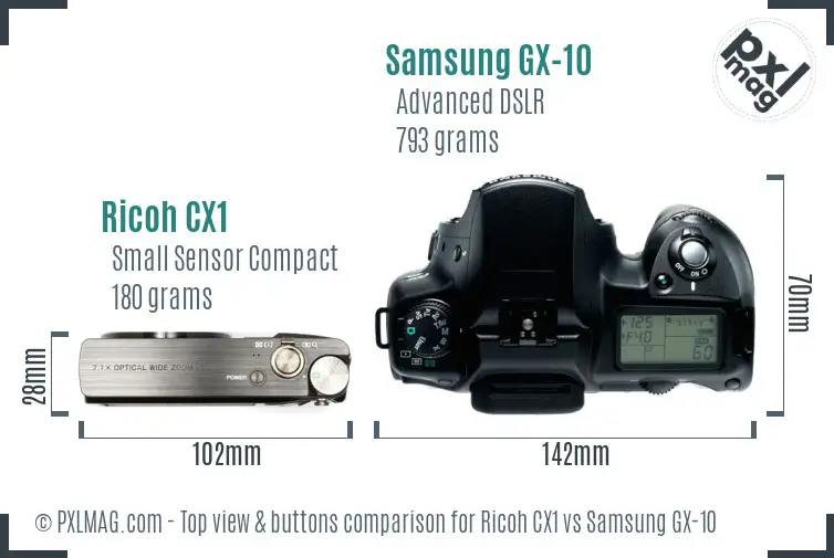 Ricoh CX1 vs Samsung GX-10 top view buttons comparison