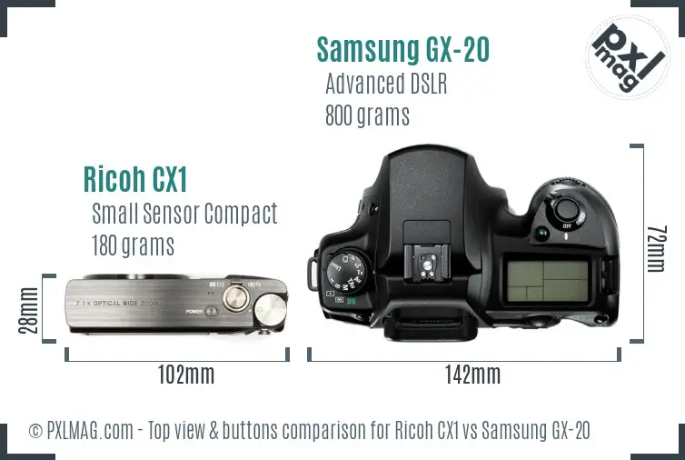 Ricoh CX1 vs Samsung GX-20 top view buttons comparison
