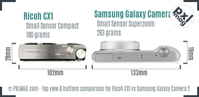 Ricoh CX1 vs Samsung Galaxy Camera 2 top view buttons comparison